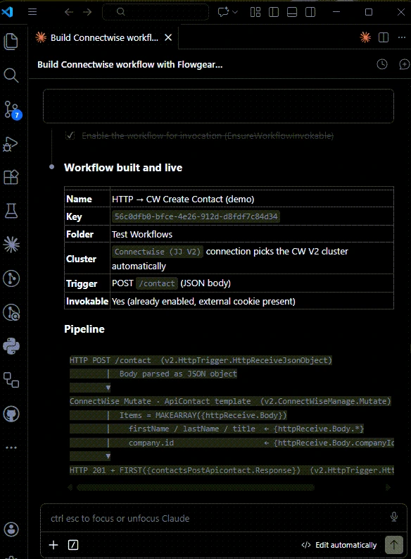 Claude Code in VS Code building a live Flowgear workflow over MCP